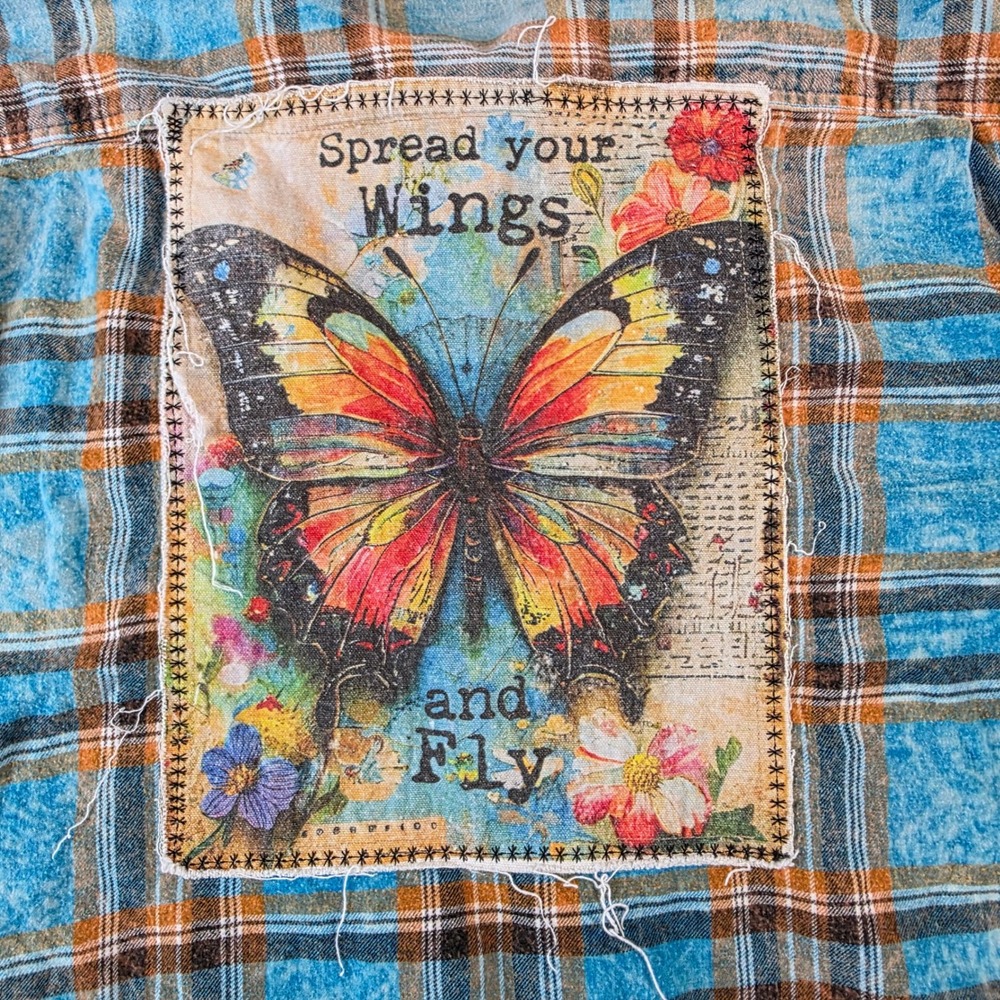 Angry Minnow Vintage Butterfly Patch Flannel Shirt Spread Your Wings and Fly XXL